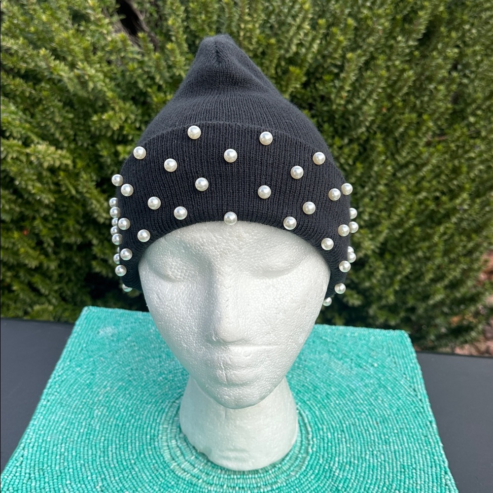 STUDIO Elegant Black Pearl-Studded Beanie-used once-in great condition.